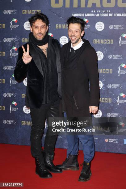 Fabrizio Moro and Alessio De Leonardis attend premiere of the movie "Ghiaccio" at Cinema Moderno on February 07, 2022 in Rome, Italy.