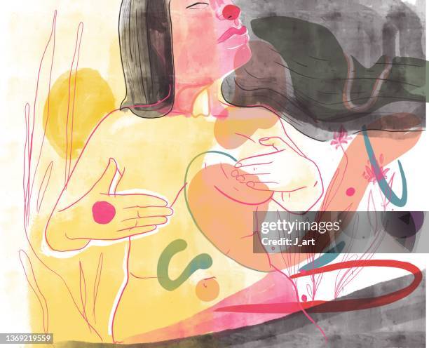 self care . woman examining her breasts for cancer - bildnis bildbanksfoton och bilder