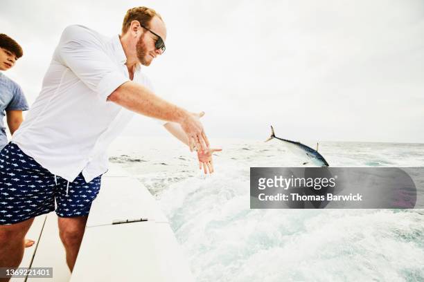 medium wide shot of man throwing fish back into sea from back of sport fishing boat - releasing fish stock pictures, royalty-free photos & images