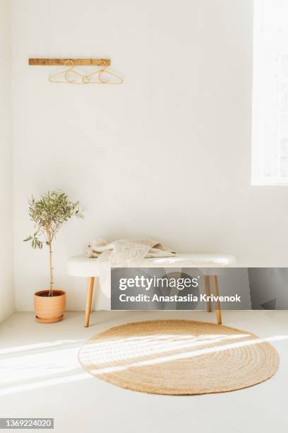 fluffy fur bench, wicker rug, wooden hanger and olive plant in ceramic vase. - white fur rug stock pictures, royalty-free photos & images