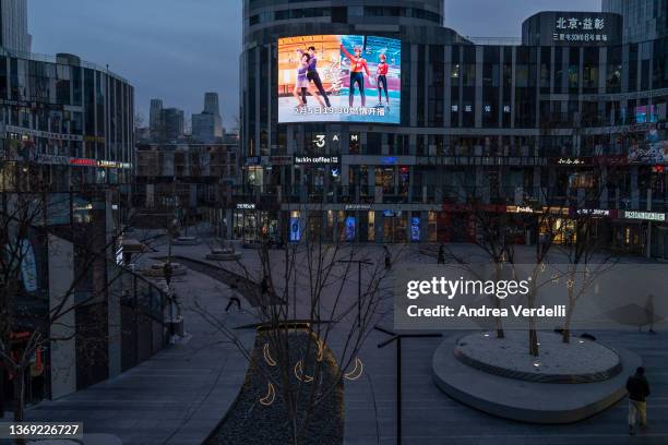 An LCD screen advertises the TV series "To Our Dreamland of Ice" in Sanlitun Soho area on February 07, 2022 in Beijing, China.