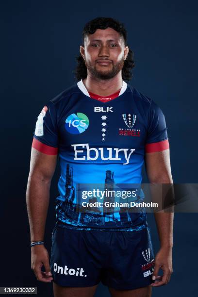 Rob Leota of the Rebels poses during the Melbourne Rebels Super Rugby 2022 headshots session at AAMI Park on February 07, 2022 in Melbourne,...