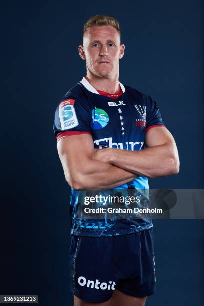 Reece Hodge of the Rebels poses during the Melbourne Rebels Super Rugby 2022 headshots session at AAMI Park on February 07, 2022 in Melbourne,...