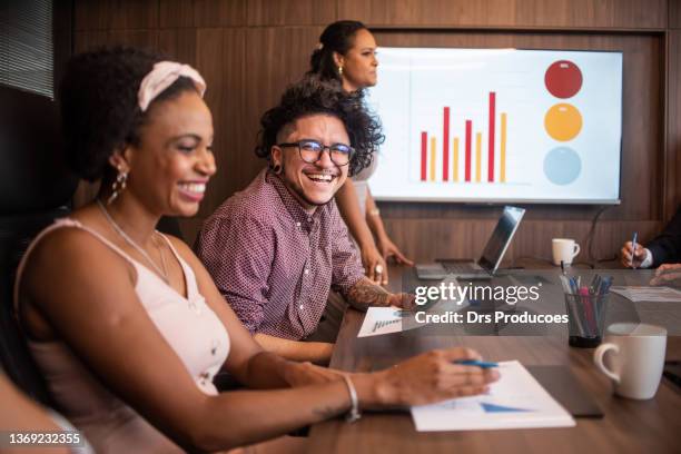 trans man at a business meeting - lgbt stockfoto's en -beelden