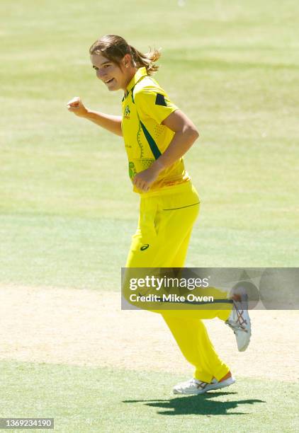 Annabel Sutherland of Australia celebrates after bowling out Sophie Ecclestone of England during game three of the Women's Ashes One Day...