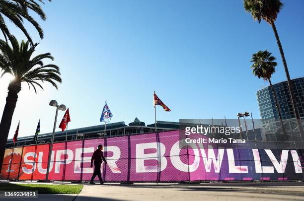 Super Bowl LVI signage is displayed outside the Los Angeles Convention Center on February 7, 2022 in Los Angeles, California. Super Bowl LVI will be...
