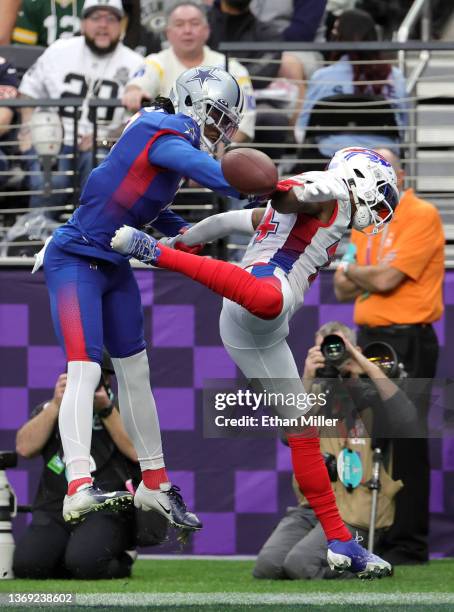 Trevon Diggs of the Dallas Cowboys and NFC has his pass broken up by his brother Stefon Diggs of the Buffalo Bills and AFC in the first half of the...