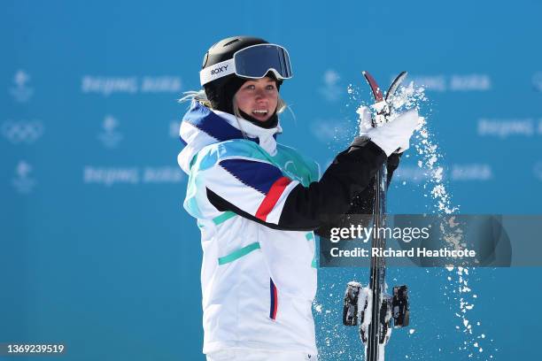 Tess Ledeux of France reacts after their run during the Women's Freestyle Skiing Freeski Big Air Final on Day 4 of the Beijing 2022 Winter Olympic...