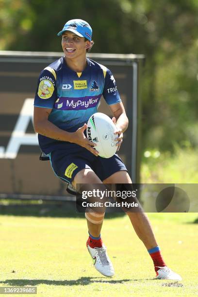 Jayden Campbell runs the ball during a Gold Coast Titans NRL training session at IKON High Performance Centre on February 08, 2022 in Gold Coast,...