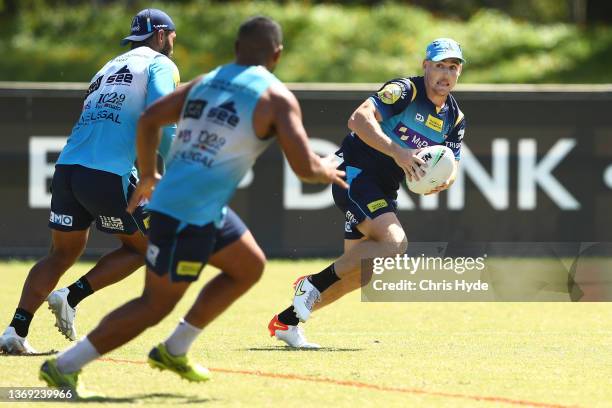 Alexander Brimson run the ball during a Gold Coast Titans NRL training session at IKON High Performance Centre on February 08, 2022 in Gold Coast,...