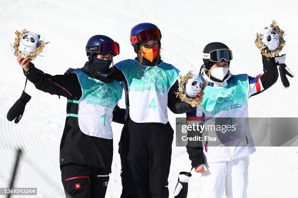 Gold medallist Ailing Eileen Gu of Team China , Silver medallist Tess Ledeux of Team France and Bronze medallist Mathilde Gremaud of Team Switzerland...