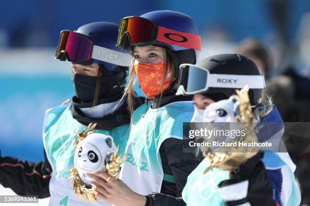 Gold medallist Ailing Eileen Gu of Team China , Silver medallist Tess Ledeux of Team France and Bronze medallist Mathilde Gremaud of Team Switzerland...