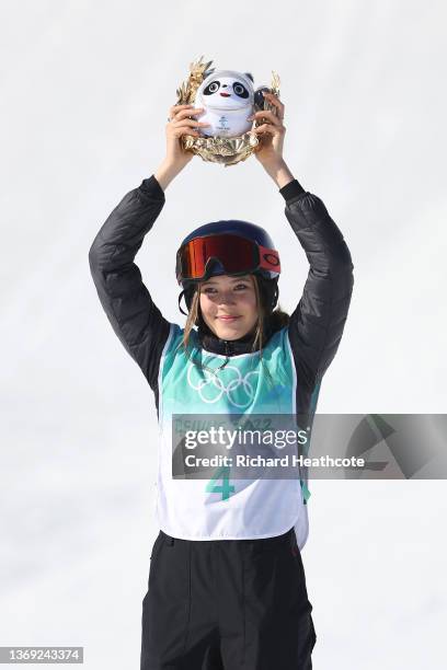 Gold medallist Ailing Eileen Gu of Team China celebrates during the Women's Freestyle Skiing Freeski Big Air flower ceremony on Day 4 of the Beijing...