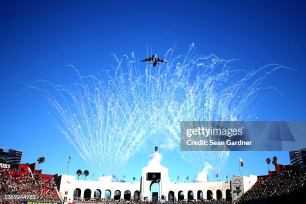 View of the flyover during the national anthem prior to the start of the NASCAR Cup Series Busch Light Clash at the Los Angeles Memorial Coliseum on...