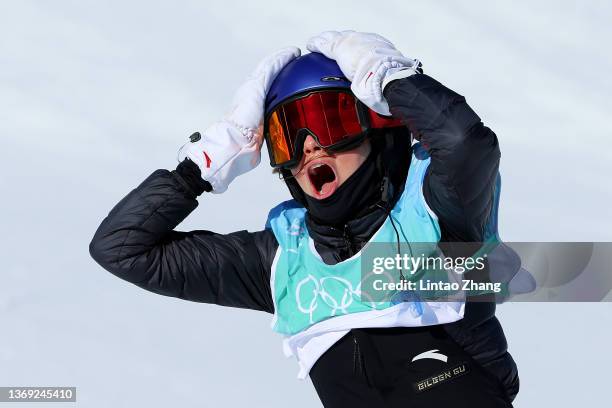 Ailing Eileen Gu of Team China reacts during the Women's Freestyle Skiing Freeski Big Air Final on Day 4 of the Beijing 2022 Winter Olympic Games at...