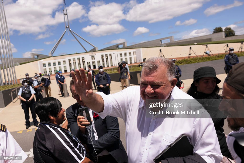 Anti-Vaccine Protesters Gather In Canberra As Parliament Resumes