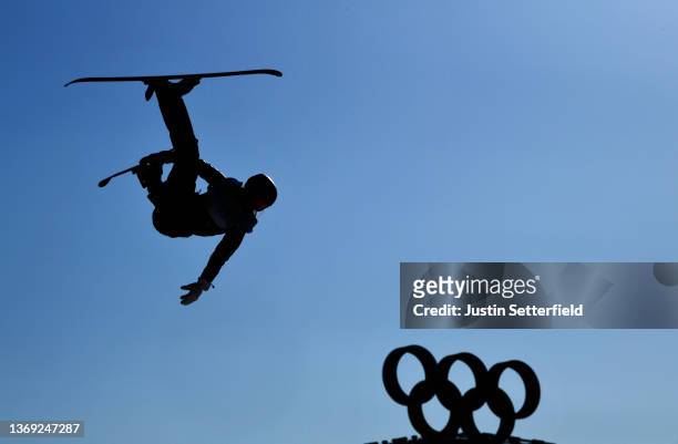 Silhouette of an athlete is seen during the Women's Freestyle Skiing Freeski Big Air Final on Day 4 of the Beijing 2022 Winter Olympic Games at Big...