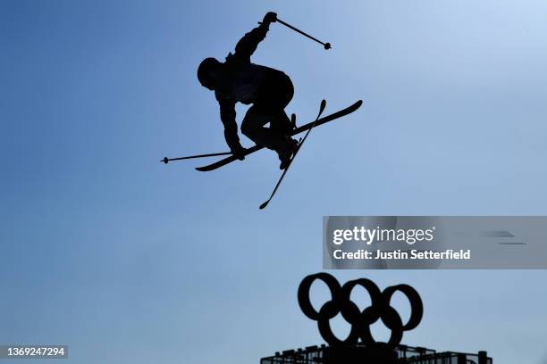 Silhouette of an athlete is seen during the Women's Freestyle Skiing Freeski Big Air Final on Day 4 of the Beijing 2022 Winter Olympic Games at Big...