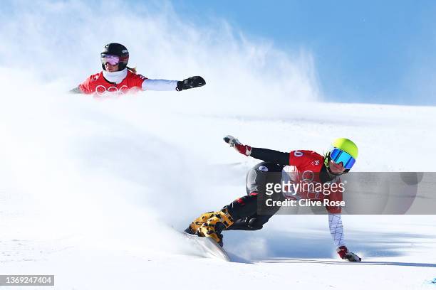 Polina Smolentsova of Team ROC and Natalia Soboleva of Team ROC compete during the Men's Parallel Giant Slalom Qualification on Day 4 of the Beijing...