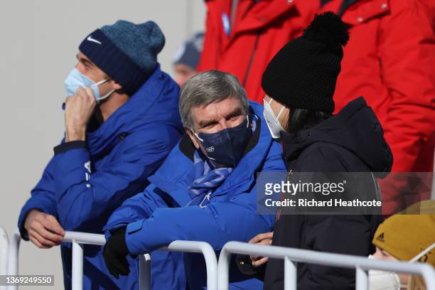 Thomas Bach, IOC President speaks with Peng Shuai prior to the Women's Freestyle Skiing Freeski Big Air Final on Day 4 of the Beijing 2022 Winter...