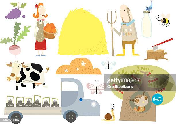 farmers with barn animals and produce - farmer wife stock illustrations