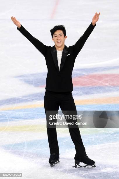 Nathan Chen of Team United States reacts during the Men Single Skating Short Program on day four of the Beijing 2022 Winter Olympic Games at Capital...