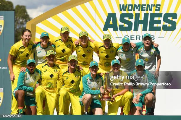 Meg Lanning and Rachael Haynes of Australia hold the Ashes Trophy after the third and final Women's Ashes One Day International between Australia and...