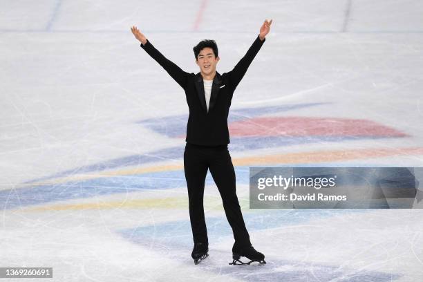 Nathan Chen of Team United States reacts during the Men Single Skating Short Program on day four of the Beijing 2022 Winter Olympic Games at Capital...