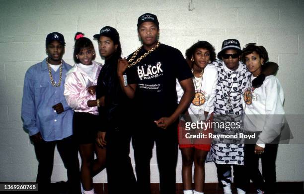Rappers Stacy Phillips, MC JB and Baby D. Of JJ Fad poses for photos with rappers MC Ren , Ice Cube , Dr. Dre and Eazy-E of N.W.A. Backstage after...