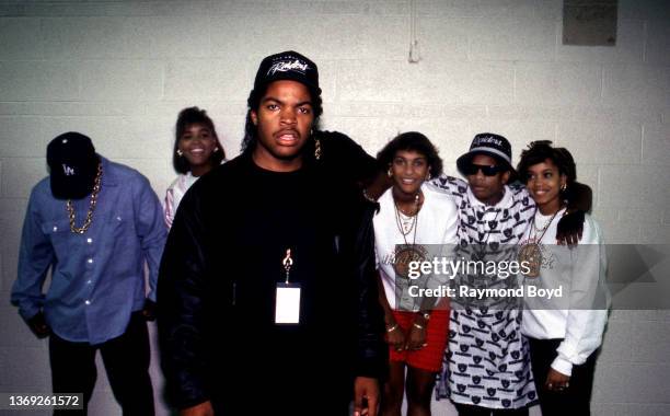 Rappers Stacy Phillips, MC JB and Baby D. Of JJ Fad poses for photos with rappers MC Ren , Ice Cube , Dr. Dre and Eazy-E of N.W.A. Backstage after...