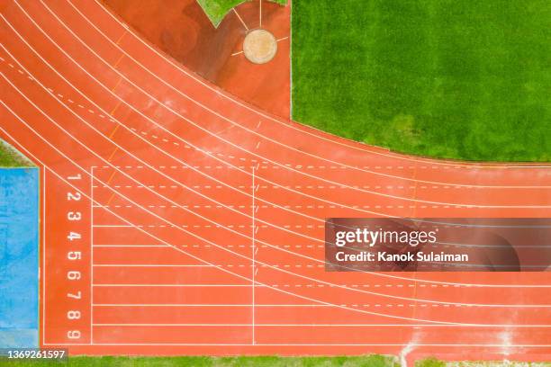 aerial top view of running track with numbers - 陸上競技場　無人 ストックフォトと画像