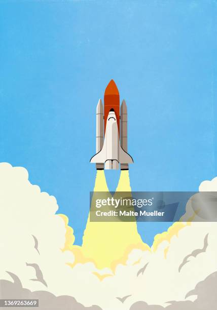 smoke below rocket launching into blue sky - space shuttle stock illustrations