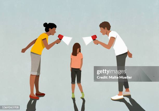 stockillustraties, clipart, cartoons en iconen met parents with megaphones yelling at daughter - geestelijke mishandeling
