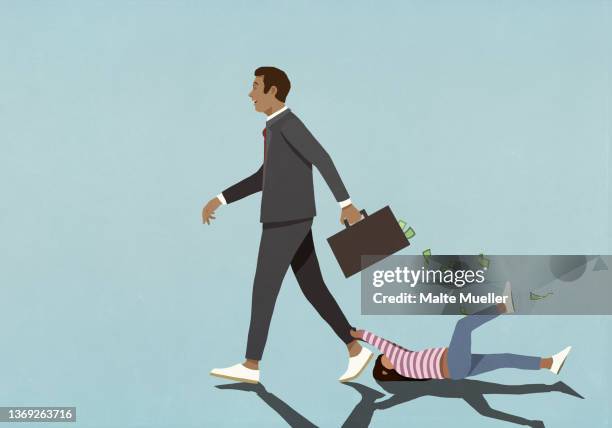 girl clinging to leg of businessman father with money falling out of briefcase - abandoned stock illustrations