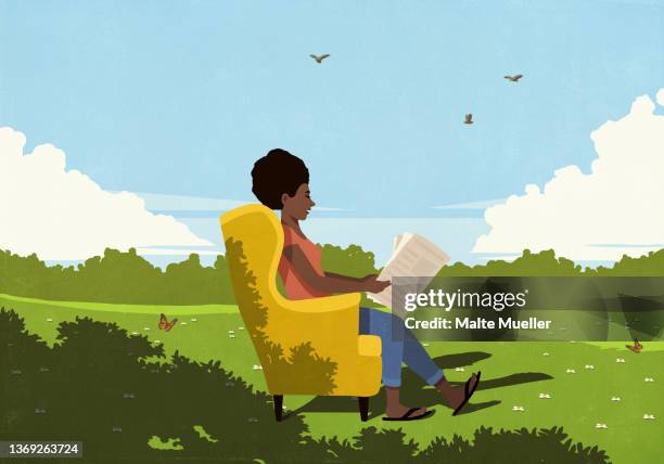 ilustraciones, imágenes clip art, dibujos animados e iconos de stock de serene woman in armchair reading newspaper in sunny, idyllic meadow - beauty in nature