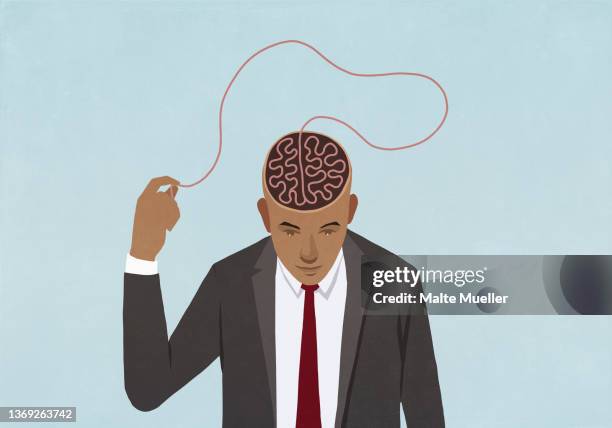 businessman pulling at brain string - 1 person planung stock-grafiken, -clipart, -cartoons und -symbole