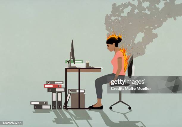 ilustraciones, imágenes clip art, dibujos animados e iconos de stock de businesswoman sitting at desk with back and head burning - overworked