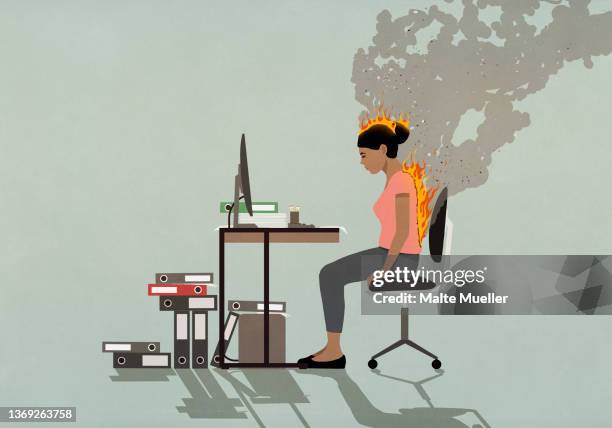 illustrazioni stock, clip art, cartoni animati e icone di tendenza di businesswoman sitting at desk with back and head burning - stress emotivo