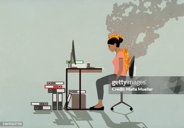 businesswoman sitting at desk with back and head burning - emotional stress stock illustrations