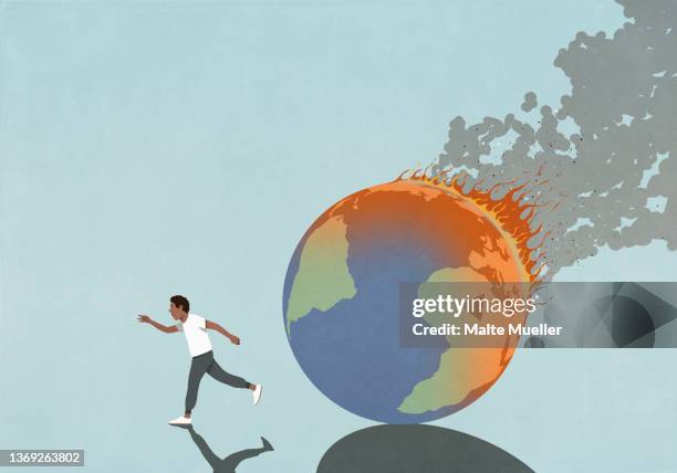 ilustraciones, imágenes clip art, dibujos animados e iconos de stock de man running away from burning globe - cambio climático