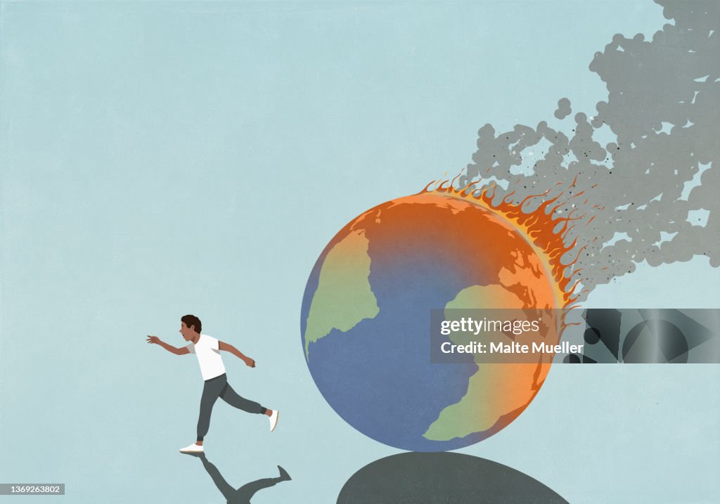 Man running away from burning globe