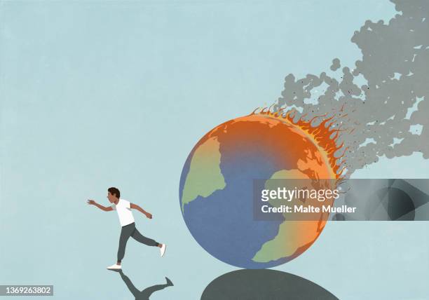 man running away from burning globe - fire stock illustrations