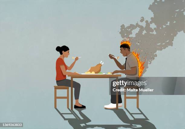 ilustrações de stock, clip art, desenhos animados e ícones de couple eating turkey dinner at table, man's back on fire - people lunch