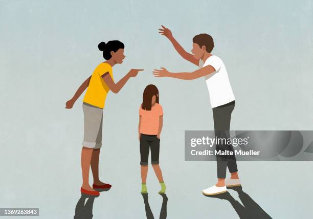 parents arguing over sad daughter - familie mit einem kind stock-grafiken, -clipart, -cartoons und -symbole