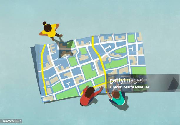 illustrations, cliparts, dessins animés et icônes de view from above kids looking at large map - famille avec enfants