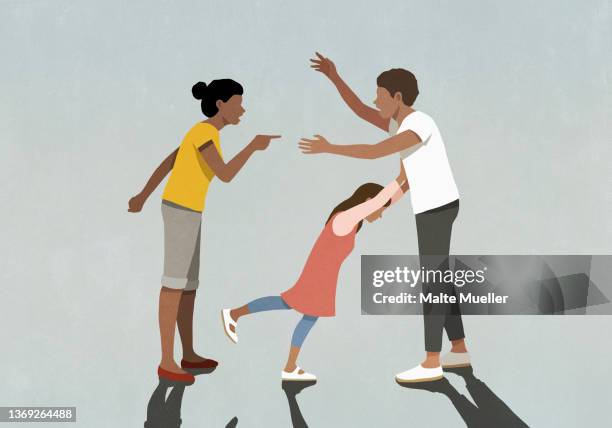 parents arguing over upset daughter pushing father - children divorce stock illustrations