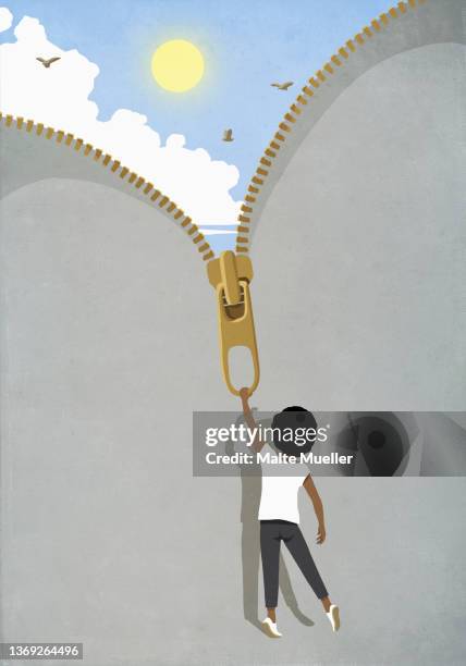 stockillustraties, clipart, cartoons en iconen met woman pulling at large zipper to reveal sun in blue sky - rits