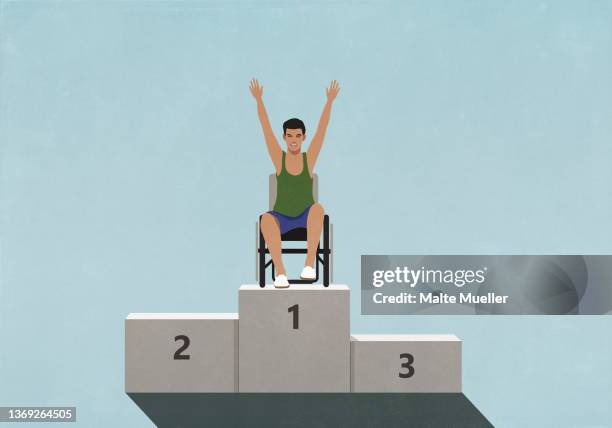 portrait confident paraplegic athlete in wheelchair on 1st place podium - disabled athlete stock-grafiken, -clipart, -cartoons und -symbole