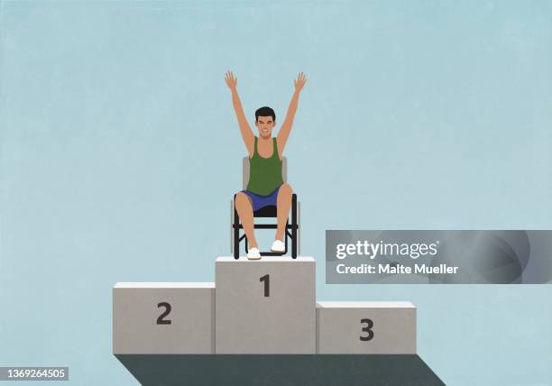 ilustraciones, imágenes clip art, dibujos animados e iconos de stock de portrait confident paraplegic athlete in wheelchair on 1st place podium - paralysis