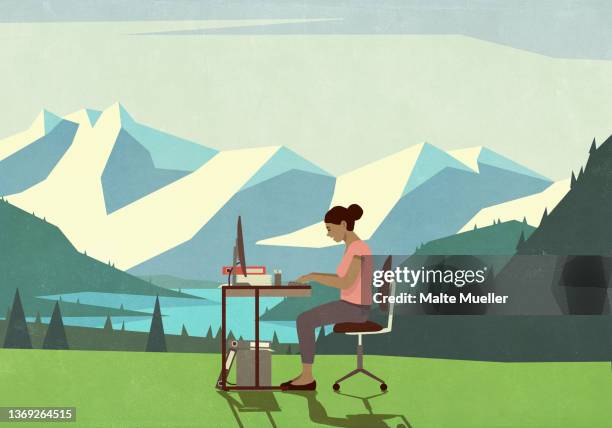 illustrazioni stock, clip art, cartoni animati e icone di tendenza di businesswoman working at desk in idyllic mountain meadow - hair bun